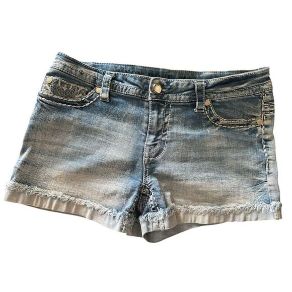 Knox Rose Women's Blue Cut-Off Denim Shorts Size 12 Embroidered Pockets - Picture 2 of 7